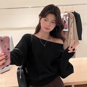 Crush Fashion Women Off-Shoulder Cozy Knit Top Asymmetrical Neck Long Sleeve Solid Color Streetwear Casual Vacation Summer Daily