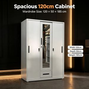 Full Steel 2/3-DOOR Sliding Wardrobe with Mirror in Matte White Minimalist Style