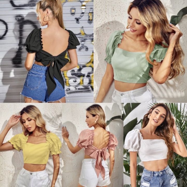 Diy Pinterest inspired backless puff sleeves crop top, diy puff sleeves  crop top, backless top