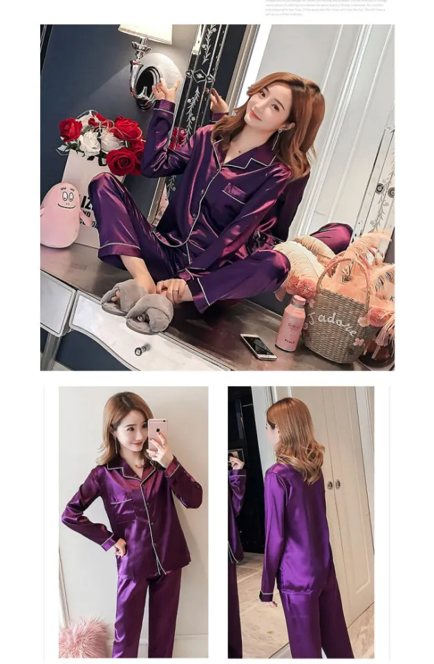 FallSweet Ice Silk Nightwear Women Long Sleeves Pajama Sets V Neck