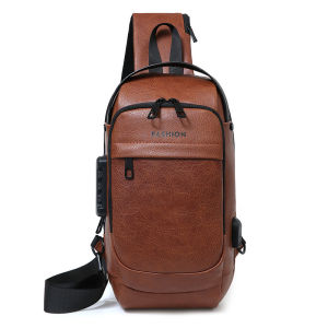 JIVIVIL กระเป๋าเป้สะพายข้างแฟชั่นผู้ชาย PU พร้อมช่องเสียบ USB มัลติฟังก์ชั่นกันน้ำรหัสผ่านล็อคป้องกันการโจรกรรมกระเป๋าสะพายข้าง