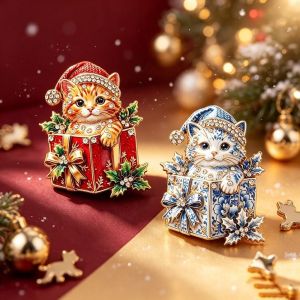 MYTHIS Alloy Christmas Cat Brooch Enamel Finish Rhinestone Embellished Kitten Lapel Pin Gifts Festive Cat Motif Cat Brooch Pin For Women