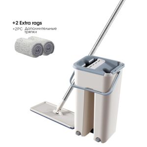 2 in 1 Stainless Steel 360 degrees Spin Floor cleaning flat mop with bucket microfiber pad mop squeegee hand free self cleaning mop with 2Pcs microfiber pad for wash floor house home cleaning cleaner