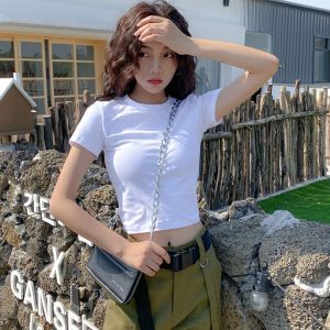 Women T-shirt Short Sleeved T-shirt with Exposed Navel High Waist Short Fitting Top White Slim Fit Pure Cotton Short Sleeved T-shirt Solid Color High Elasticity Sweet and Spicy Slim Fit and Slimming Effect