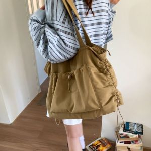 YUCHEN Korean Drawstring Tote Bag Large Capacity Casual Work Handbag Trendy Solid color Wrinkled Shoulder Bag Women