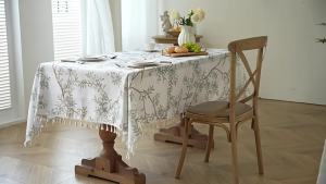 INS Style Tassel American Flower-Bird Print Tablecloth Imitation Linen Dining Table Rectangular Cover Towel