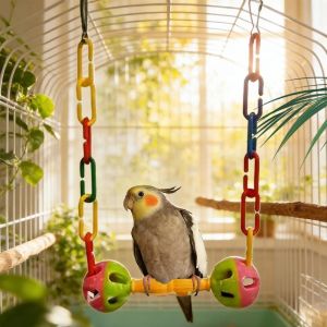 OUTOPEN Wear-Resistant Bird Hanging Swing with Hooks Colorful Bird Interactive Swing Pet Supplies with Bells Climbing Cage Toy Bird Cage Decoration