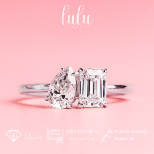 Lulu Moissanite Jewelry Calista Toi Et Moi 2 stones Pear and Emerald Ring 2CT/4CT Lapis Emas 18K Sertifikat GRA