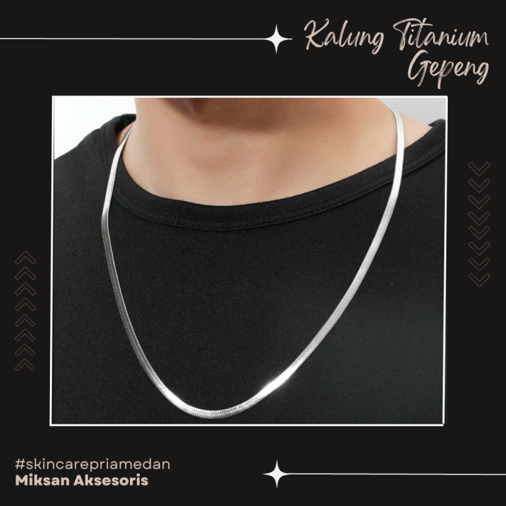 Kalung Pria Titanium Gepeng Silver Anti Karat Keren