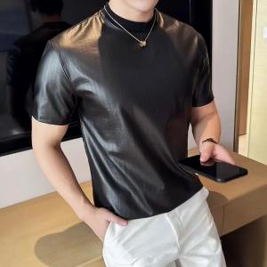 Faux PU Leather Slim Fit Head T-Shirt Youth Fashion O Neck Bottoming Shirt Nightclub Coating Striped Short Sleeve