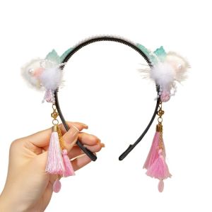 OMQAIO Chinese Style Hanfu Wig Headband Pearl Red Flower Tassel Headband Tang Suit Cute New Year Headwear Children