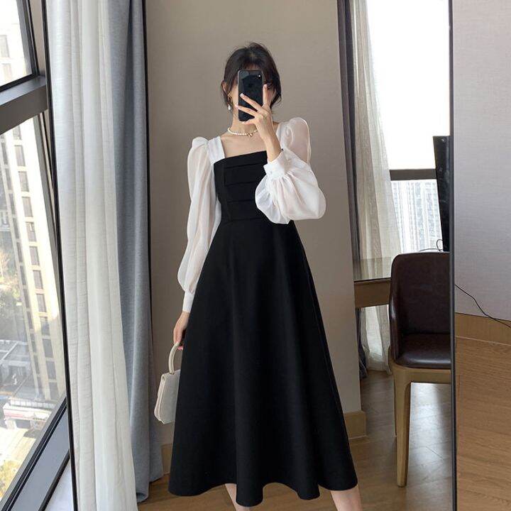 Korea style a line hitam dress minimalis fashion dress Lengan Panjang Dress Lazada Indonesia