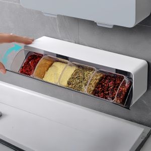 Four Grid Seasoning Box Kitchen with Spoon Seasoning Rack Household Wall Mounted Non Perforated Seasoning Jar Set Seasoning Bottle Rack