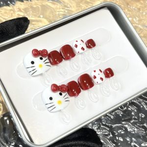 【Handmade + Keo Dán miễn phí】móng Chân Nhân Tạo dễ Thương Xin chào mèo phototherapy vá Móng Chân Giả ấn vào móng tay tái sử dụng