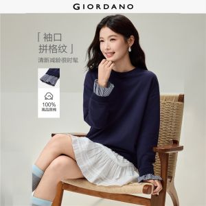 Giordano Beau Monde Women Ruffle gingham cuffs crewneck sweatshirt Free Shipping 13326630