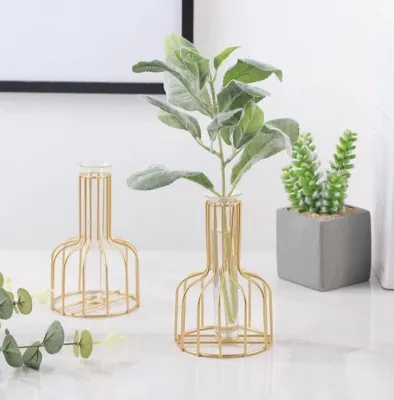[SG SELLER]Metal Gold Vase Flower Nordic Style Frame Iron Glass Tube Iron Pot Elegant Home Decoration Wedding Gift