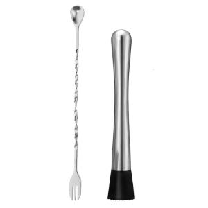 2 Piece Set Steel Manual Lemon Squeezer Cocktail Muddler Masher and Long Handle Stirring Spoon Multipurpose Bar Tool