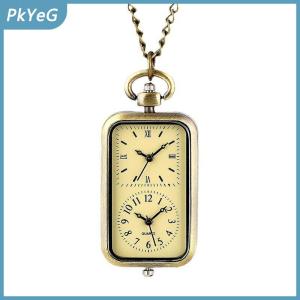 PkYeG Đồng hồ tinh tế bằng đồng móc khóa bỏ túi đồng hồ vuông Retro đôi thời gian đồng hồ thạch anh không có mặt dây chuyền phong cách cổ