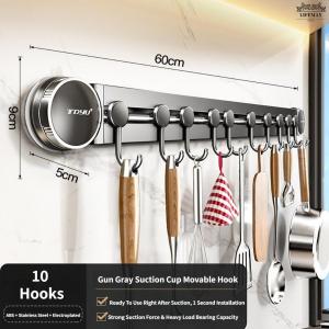 [SG Seller][SG Seller]No Punch Suction Utensil Hook Rail Slidable Movable Hooks Kitchen Wall Storage Hanging Rack