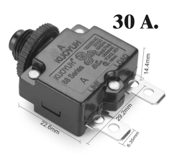 L2 5-30A Thermal Resettable Panel Circuit Breaker – Push Button, Manual Reset, 125-250V AC / 50V DC – For Generators, Marine, Automotive