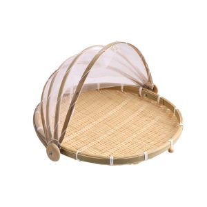 VELLICHORM Reusable Anti-insect Dustproof Basket Multi-function Bamboo Food Storage Basket Bread Serving Basket with Mesh Cover Fruit Vegetable Tray Household