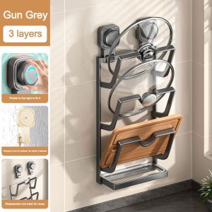 EASYEAH Wall Hanging Suction Cup Pot Lid Holder Multi-Layer Punch-Free Pot Lid Storage Rack Durable Multifunctional Kitchen Storage Rack for Kitchen