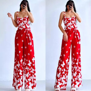 D&C Womens wide-leg jumpsuit in solid color and printed style with suspenders and pockets