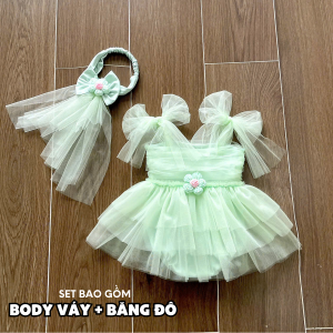 BD248 Body váy công chúa cotton lưới xanh RIOKIDS quần áo đầy tháng cho bé gái sơ sinh