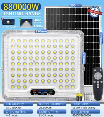KKSKY 880000W Ultra-Bright Outdoor Solar Floodlight (Metal Housing) – IP67 Waterproof LED Yard Light (Includes Solar Panel and Remote Control)