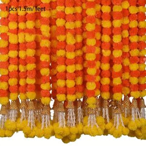 Q-1151 STORE Long Strands Artificial Marigold Garland 1.5m Pooja Diwali Fiesta Fake Plant High Quality Events Decor Marigold Flower Garlands for Halloween Day of The Dead