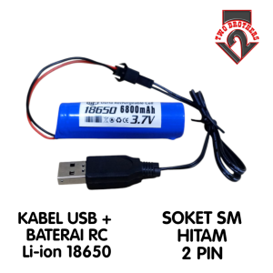 Paket Kabel USB + Batrai Mainan Anak RC 1X 18650 6800mAh 37V Soket Hitam 2 pin