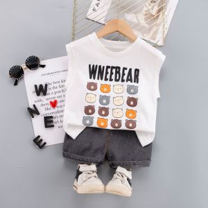 ชุดเด็กชายและเด็กหญิงฤดูร้อน เสื้อกั๊กลายการ์ตูนแขนกุด กางเกงขาสั้นเดนิม