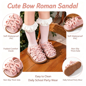 AILEBE Kids Sandal Fashion Roman Style Open Toe Sandals With Soft Non-Slip Thick Sole Waterproof PVC Easy Clean Korean Cute Design Perfect For Daily School Party Wear Girls 2-10 Years
