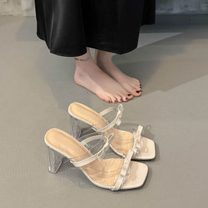 [Free Shipping] Womens High Heels 2025 Summer New Square Toe Bowknot Crystal Heel Sandals Chunky Heel Slippers for Women