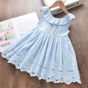 Bear Leader Fashion Girls Summer New Dresses Baby Girl Ruffles Drawstring Bow Clothes Children Sleeveless Dresses Kids Clothes Crew Neck Vest Skirt Hollow Embroidered Vestidos