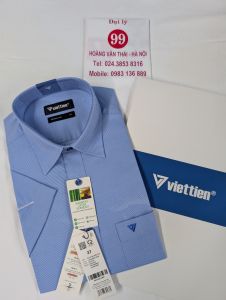 [Việt Tiến] Áo Sơ Mi Ngắn Tay - Regular (Suông) - Vạt Vuông - Kẻ ngang dày màu xanh da trời