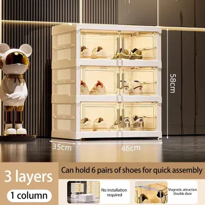 【 Spot goods】Stackable large space dust-proof shoe storage box 3-9layers installation-free folding shoe rack