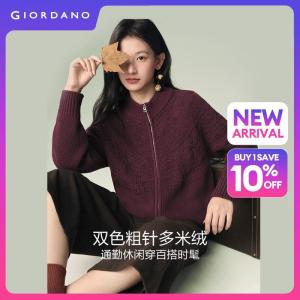 GIORDANO Women Cardigans Raglan Sleeve Cable Knit Cardigans Crewneck Zip Front Fashionable Casual Relaxed Cardigans 18356225