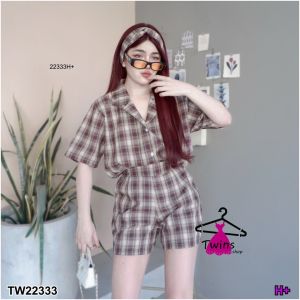 Set 3 ชิ้น ลายสก็อต เสื้อ+กางเกงขาสั้น +สายผูก TT22333