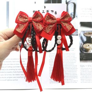 BEIBEI 2pcs Tassel Wig Braid Hairpin Kids Headwear Chinese Style Children Hanfu Headdress Hair Extension Cute Red Bow Hairclip New Year Festive