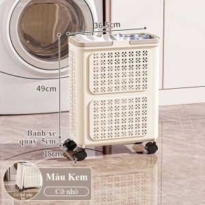 Giỏ đựng quần áo bẩn HOMELOVE Giỏ đựng đồ gấp gọn nhựa PP màu kem có bánh xe di chuyển quai gia cố chắc chắn
