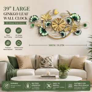 39 Inch Large Wall Clock 3D Ginkgo Leaf Metal Wall Decor Silent Non Ticking Decorative Clock for Living Room Bedroom Home Decor