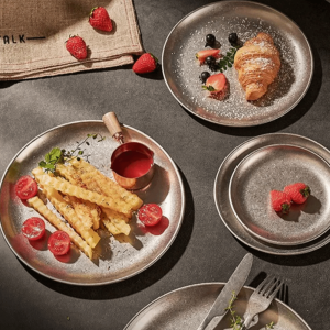 LUMINOU Vintage Worn Finish Round Dinner Plate Flat Round Shape 304 Stainless Steel Metal Serving Tray Sturdy Thickened Industrial Style Coffee Tray Coffee Serving