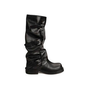Womens black mid-length boots with internal height increase autumn thick-soled pleated stacked boots western cowboy boots