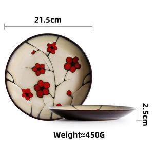OMK Japanese Style Ceramic Tableware Set Dinner Plate Deep Dish Rice Bowl Large Salah Bowl Dip Saucer Spoon Red Plum Design Series