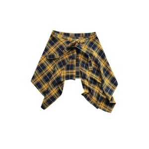 GAOSU Hiphop Váy kẻ caro có thắt lưng Eo cao Phong cách Hàn Quốc Váy ngắn A-line mini Váy có viền không đều Váy lót Váy có dây thắt lưng Những cô gái ngầu