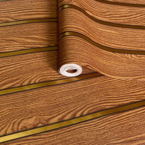 WALLPAPER DINDING RUANGAN STIKER DEKORASI DINDING KAMAR MOTIF PANEL COKLAT TUA GARIS GOLD 45CM X 8M