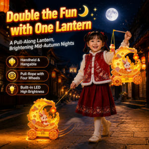 Mid-Autumn Lantern Pull String Carriage Handcrafted Moon Festival Lantern Four-Wheel Pull-Rope Cart Kids Traditional Toy Home Party Decor Holiday Gift Family Activity