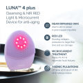 FOREO LUNA 4 Plus tích hợp đèn LED đỏ cận hồng ngoại, công nghệ làm sạch bằng nhiệt Thermo Therapy & mát-xa trẻ hoá da bằng dòng vi điện EMS bảo hành 2 năm. 