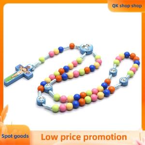✨QK shop✨ Cartoon Cross Pendant Necklace Kid Rosary Beads Catholic Religious Jewelry